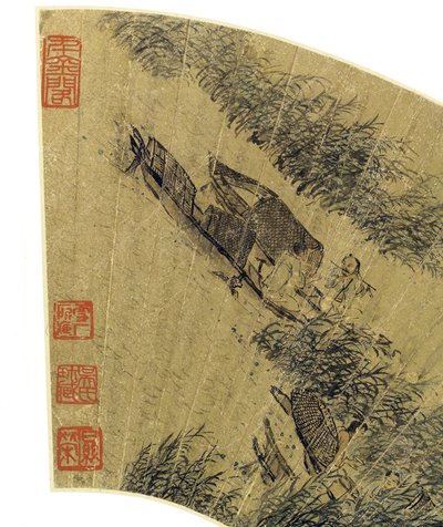 ボートの漁師の詳細、川のほとりを楽しみ、金の紙にインクと色 作： Gu Qian